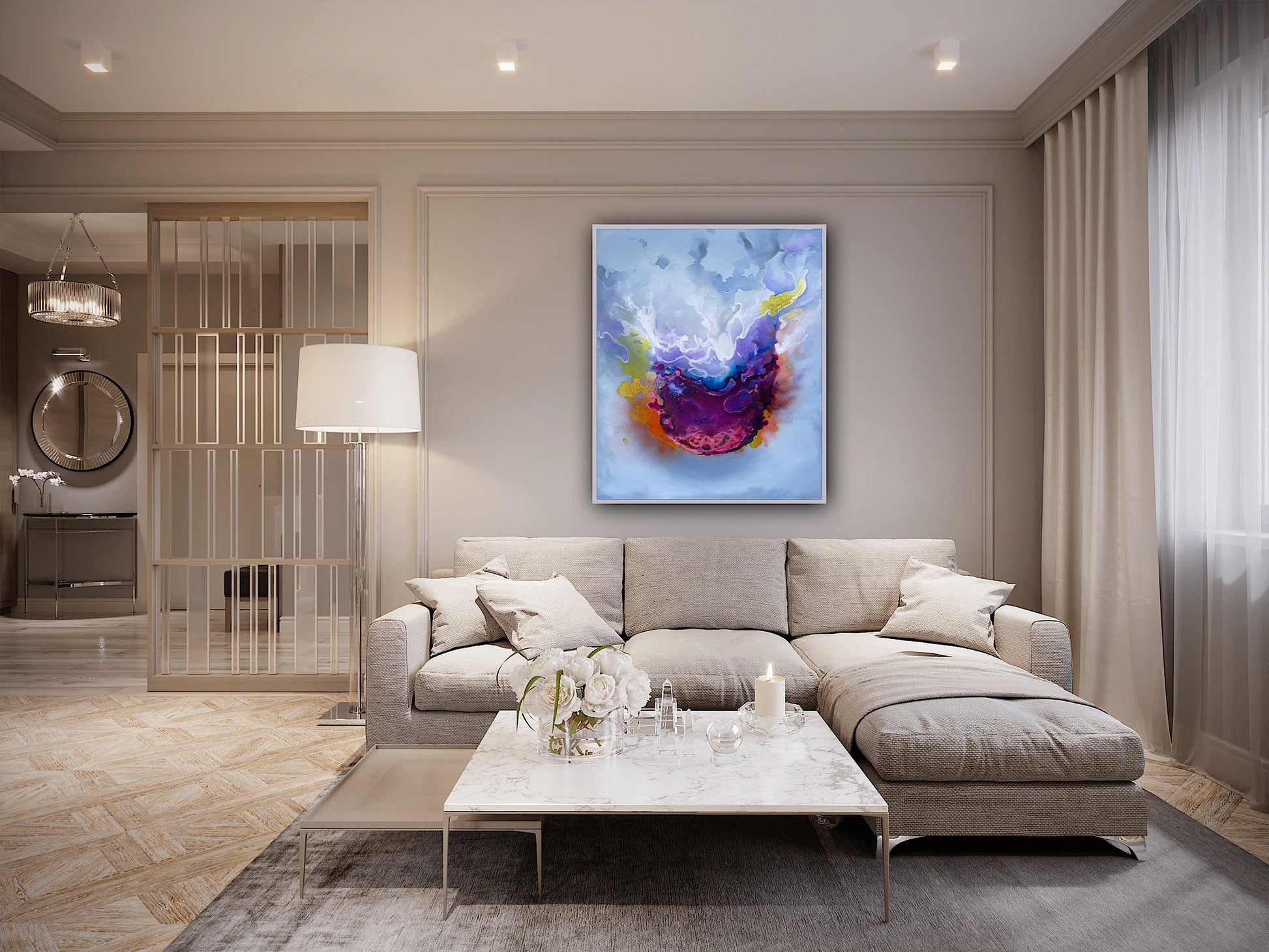Pictura originala La rasarit – arta abstracta pe panza cu energie vibranta si luminoasa.