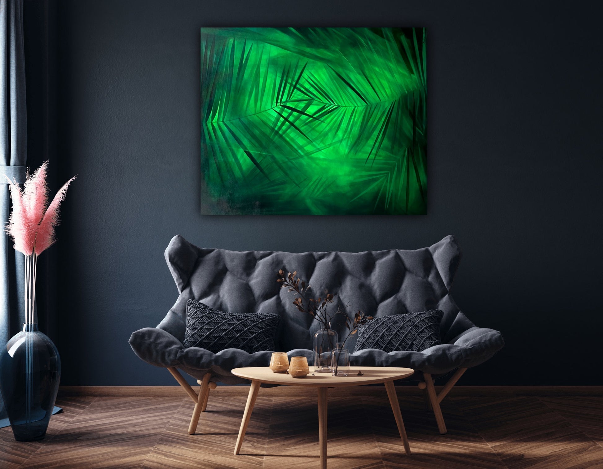 Pictura Liniste tropicala – lucrare artistica pe panza cu design tropical si nuante verzi.