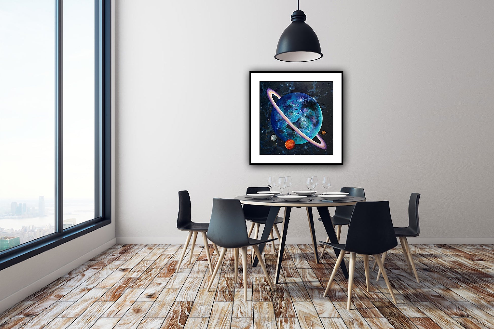 Print artistic În spațiu, artă contemporană cu planete și galaxii, inspirată din pictură originală pe pânză.