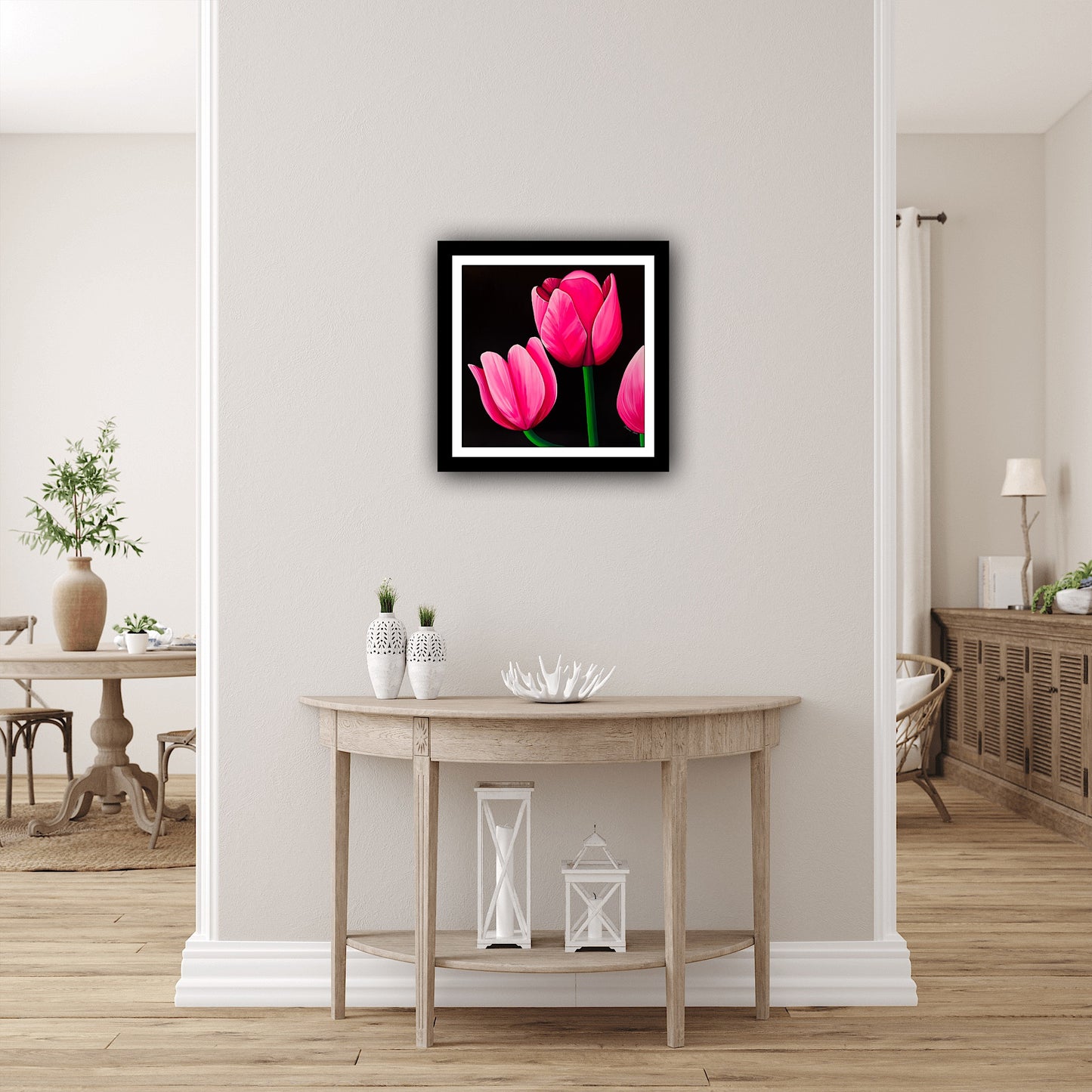 Print decorativ Lalele, reproducere pe hartie de calitate, flori roz in stil modern.