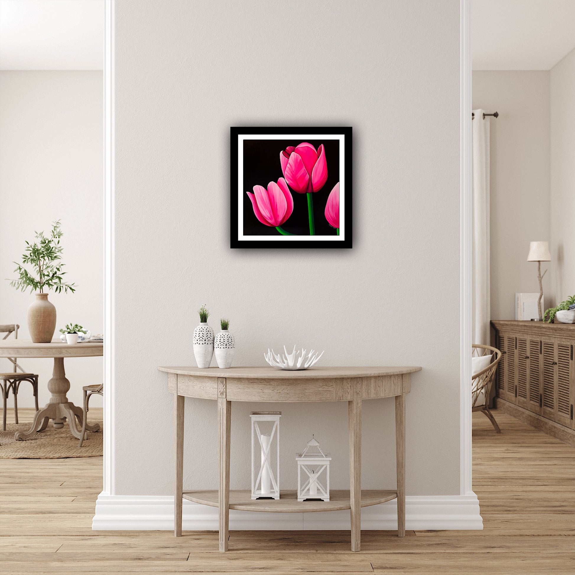 Print decorativ Lalele, reproducere pe hartie de calitate, flori roz in stil modern.