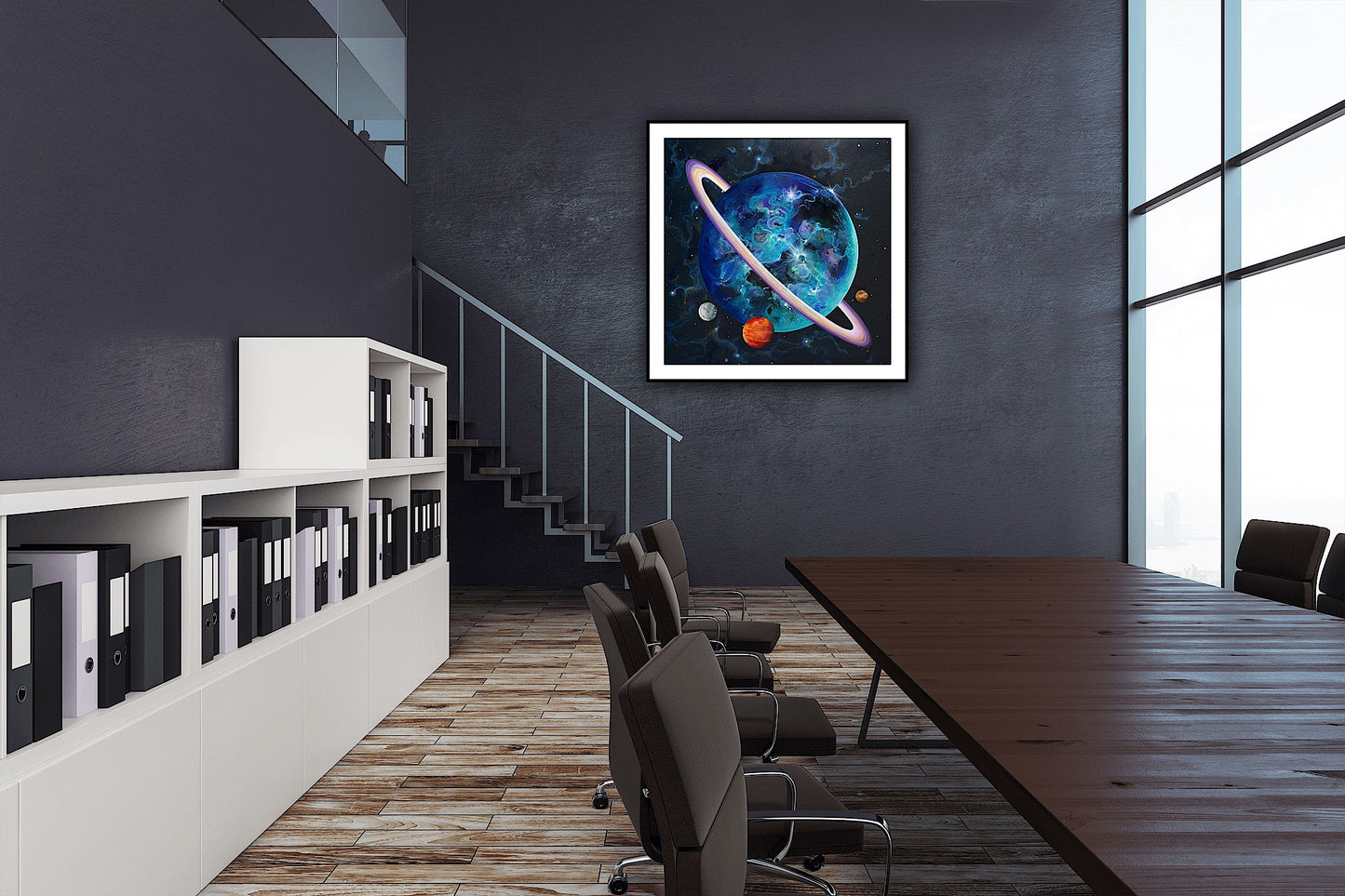 Print modern În spațiu, artă contemporană cu temă cosmică, perfect pentru design interior sofisticat.