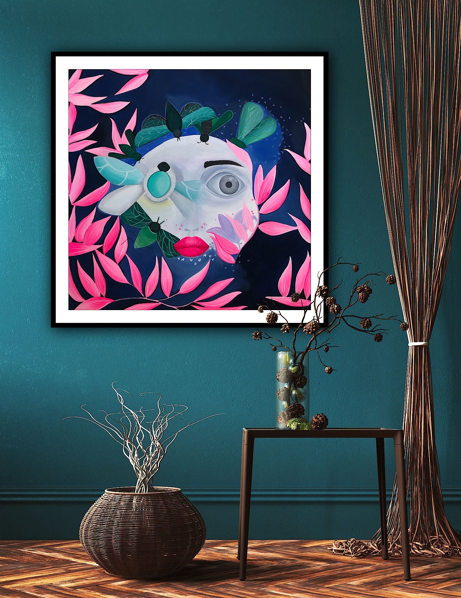 Print premium Fata cu insecte, arta abstracta inspirata din natura si frumusete feminina.