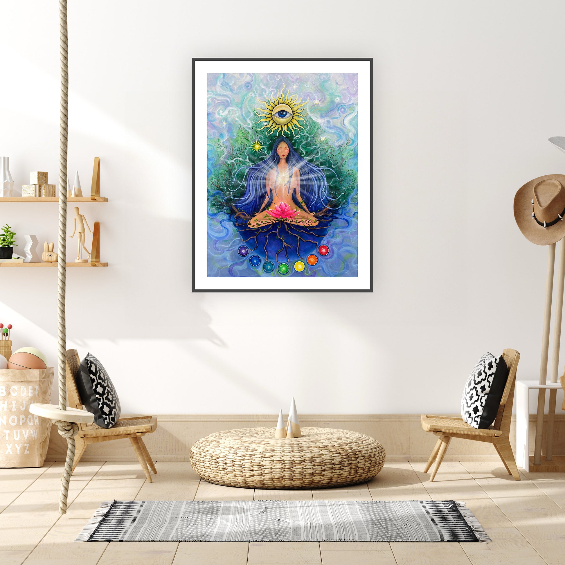 lucrare artistică cu floare de lotus și soare cu ochiul interior