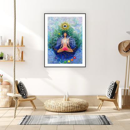 lucrare artistică cu floare de lotus și soare cu ochiul interior