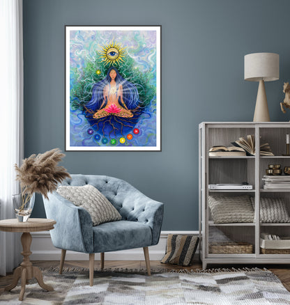 femeie în meditație, lotus roz și soare cu ochiul interior