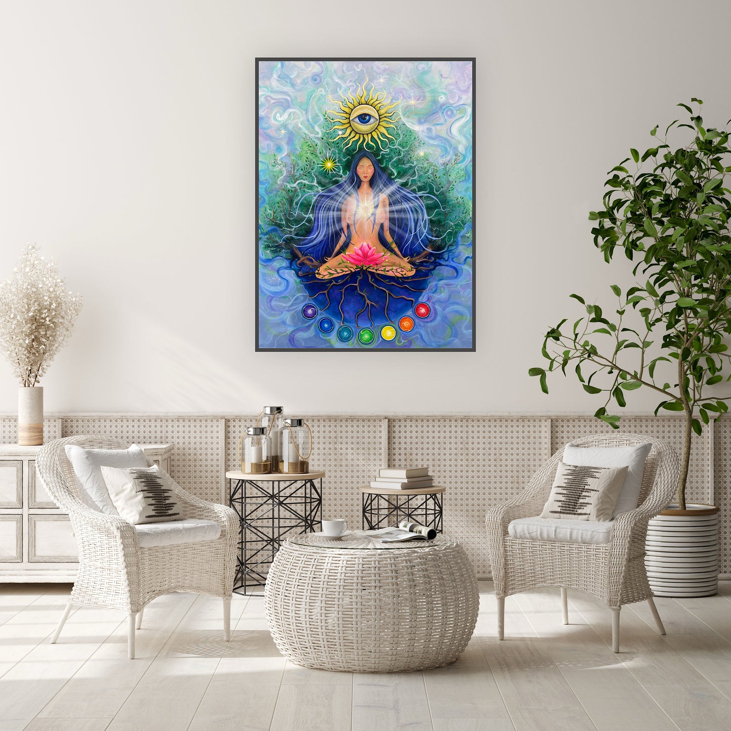 lucrare cu femeie meditând, aure luminoase și simboluri spirituale