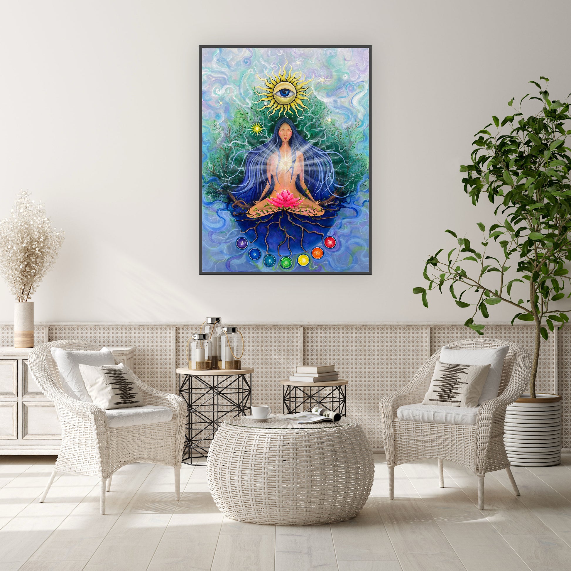 lucrare cu femeie meditând, aure luminoase și simboluri spirituale