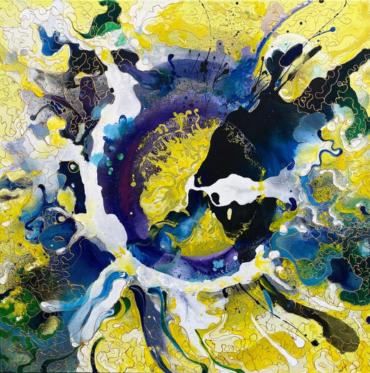 Print premium „Vibratie galbena” – tablou abstract in nuante galbene si albastre