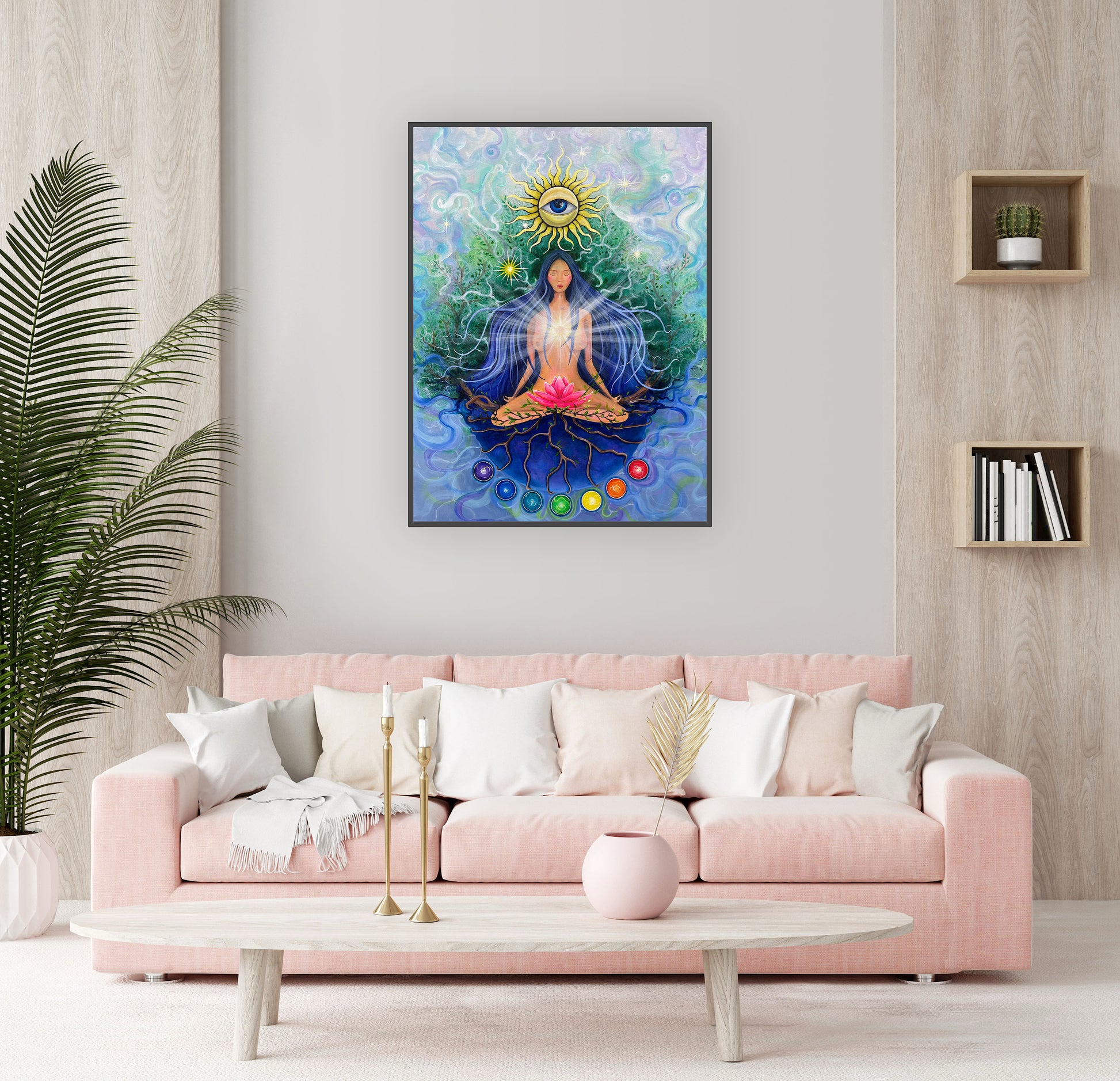 pictură cu femeie meditând, radiații și simboluri cosmice