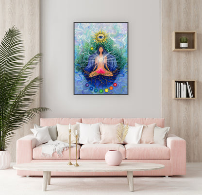 pictură cu femeie meditând, radiații și simboluri cosmice