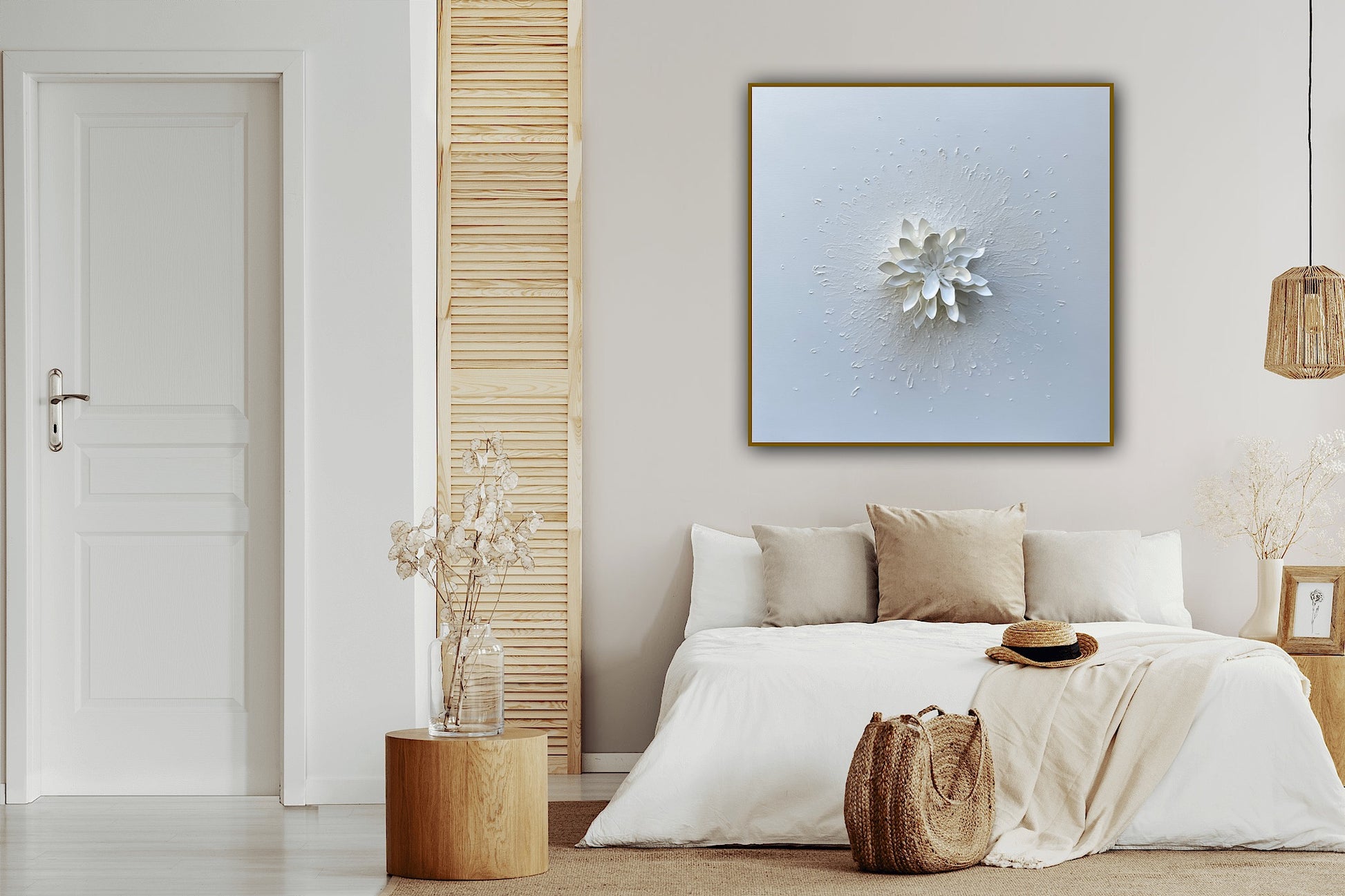 Lucrare 3D Puritate – arta handmade contemporana cu floare in relief pe panza.