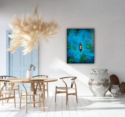 Tablou original cu detalii de apă albastră și nuferi verzi, perspectivă aeriană