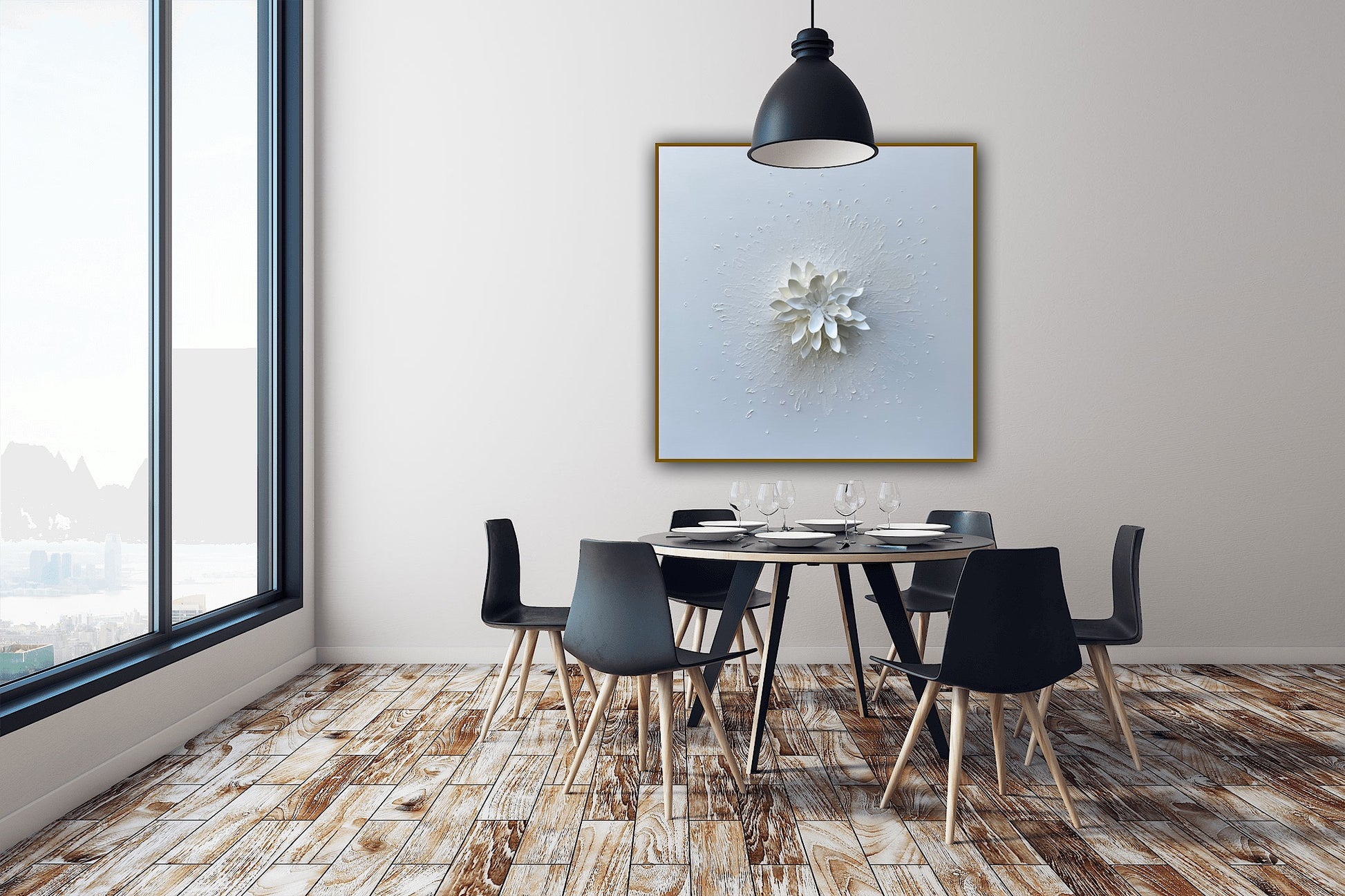 Tablou artistic 3D Puritate, cu floare alba sculptata manual si detalii texturate pentru decor elegant.