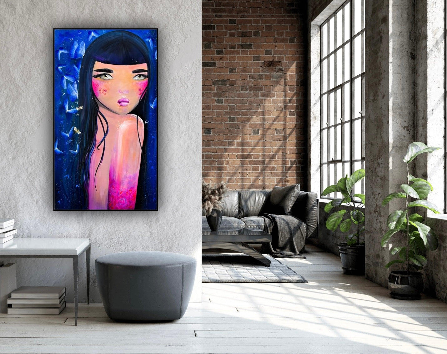 Tablou Aija printre fluturi, pictura moderna pe panza, ideala pentru decor artistic elegant.