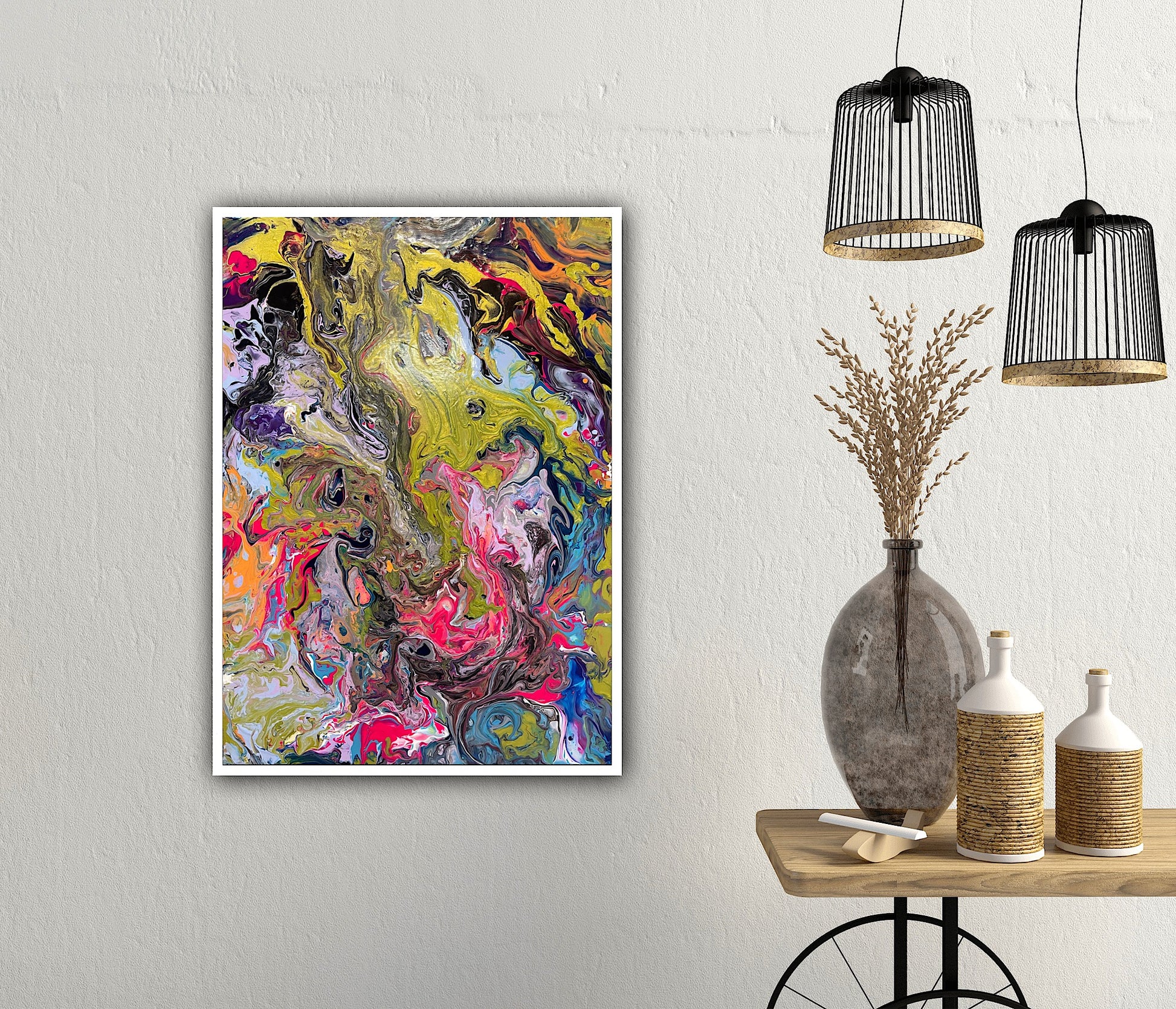 Lucrare de artă Metamorfoza cromatică, pictură abstractă contemporană realizată cu culori acrilice pe pânză 3D.