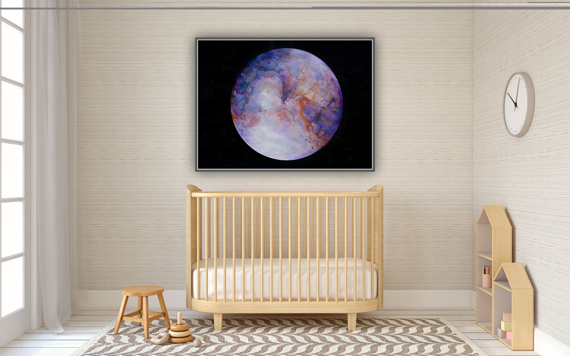 Print premium „Fără coordonate” reprezentând o planetă abstractă în nuanțe violet și albastru.