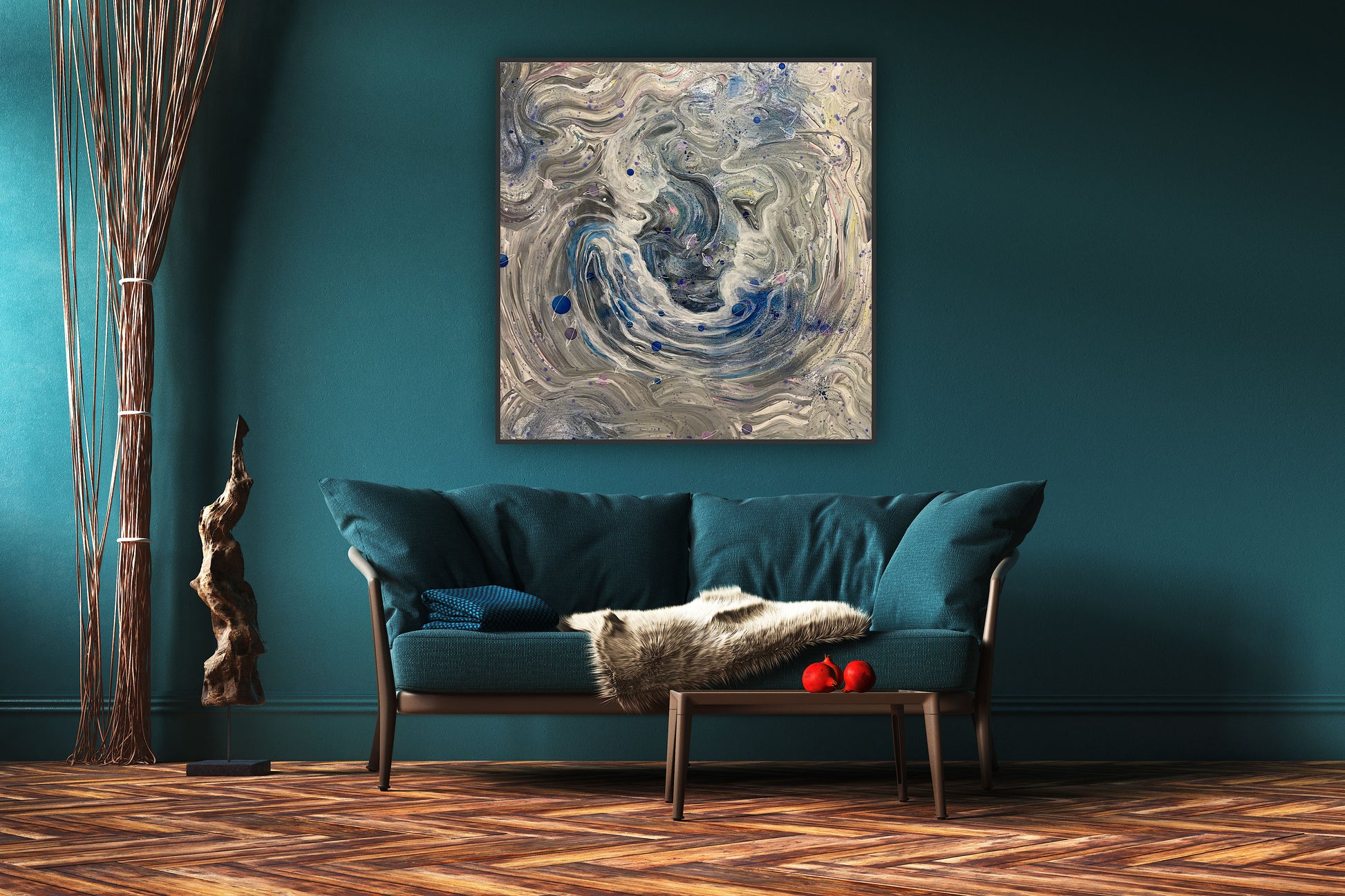 Tablou decorativ albastru-gri pe pânză, abstract și modern, pentru living.