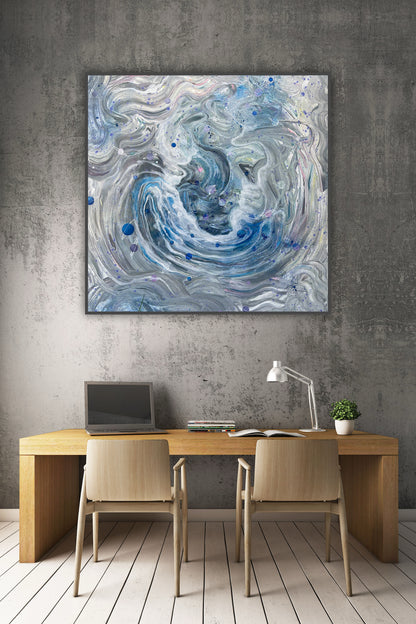 Tablou artistic decorativ, abstract, în tehnica pouring, pe pânză.\n9. Pictură acrylic cu efect cosmic și texturi fluide, perfectă pentru birouri.