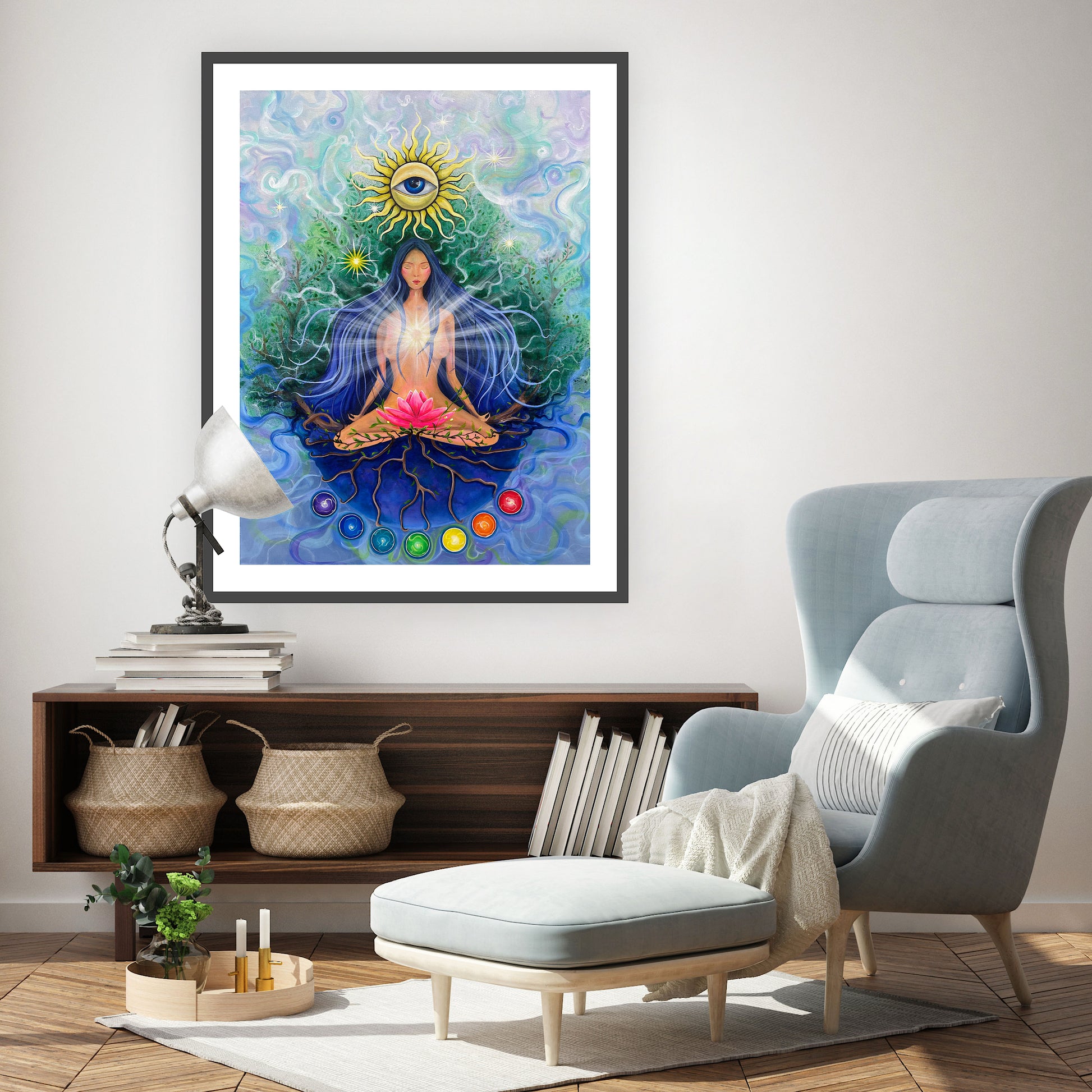 imagine cu cele șapte chakre colorate și floare de lotus roz