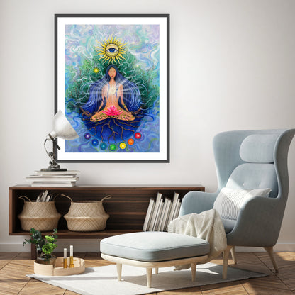 imagine cu cele șapte chakre colorate și floare de lotus roz