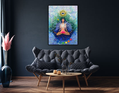 imagine artistică cu lotus roz și reprezentarea celor șapte chakre