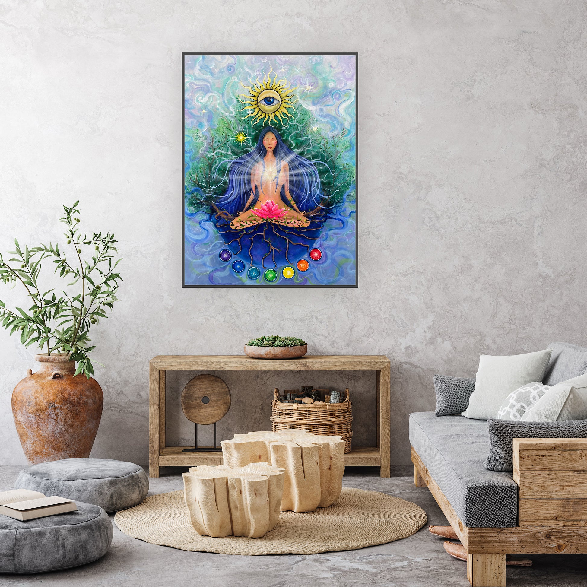 pictură spirituală cu lotus roz, soare și ochiul interior