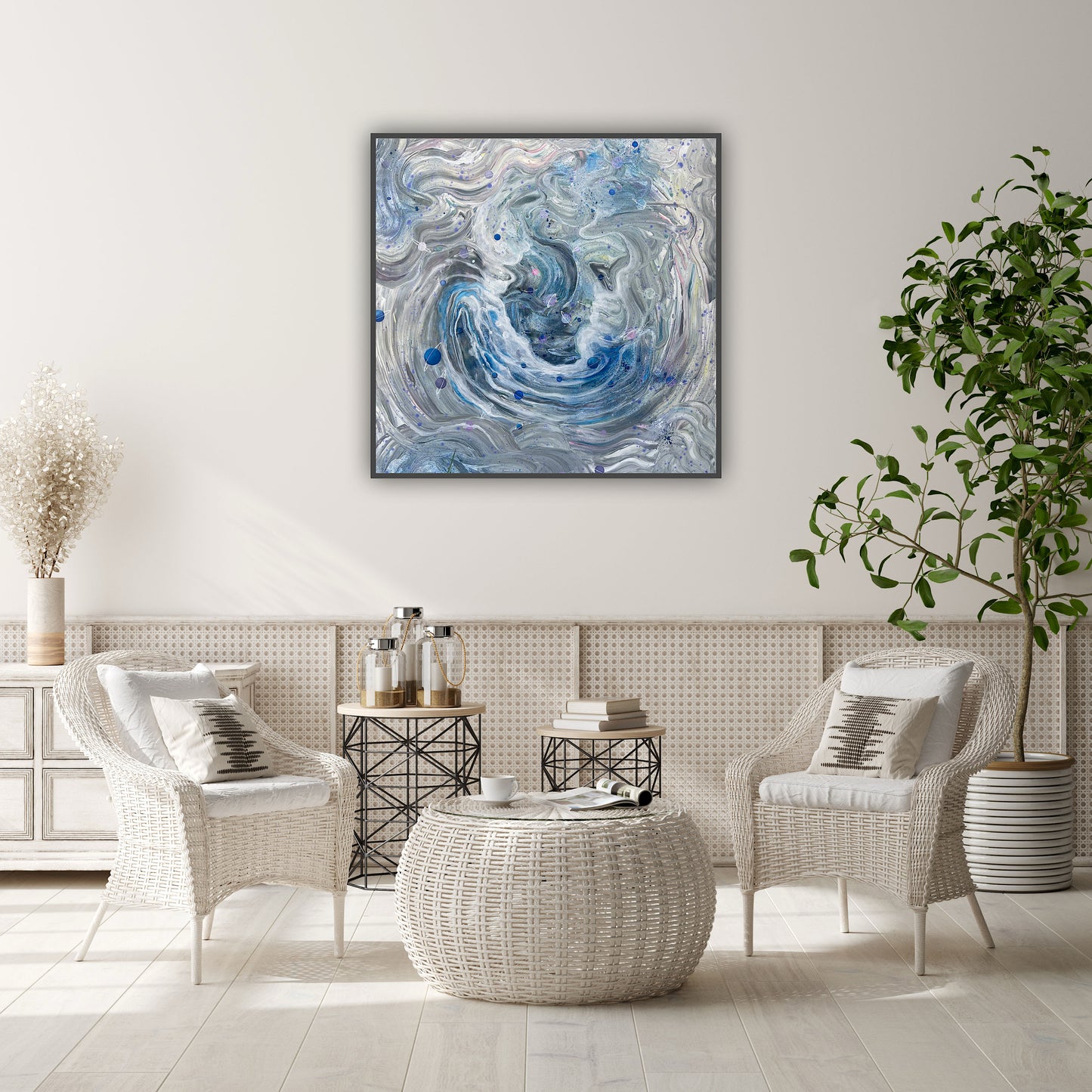 Tablou abstract modern, realizat în acrylic, potrivit pentru amenajări interioare.