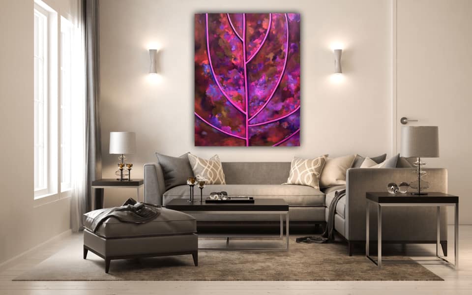 Lucrare originala Toamna roz purpurie – pictura abstracta pe panza in culori calde si vibrante.