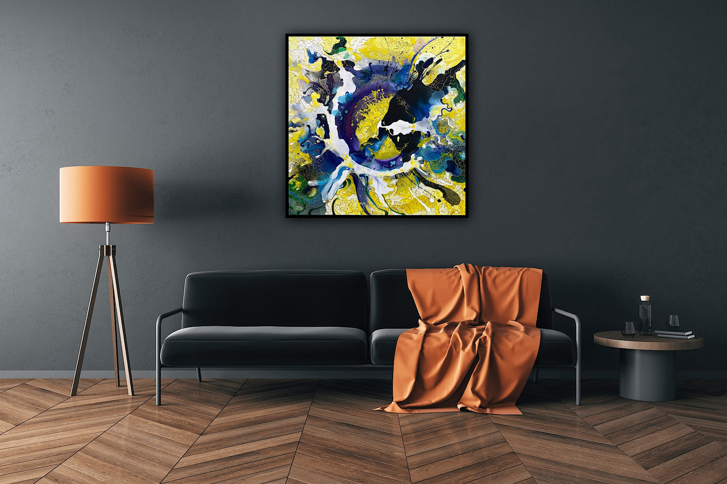 Vibratie galbena – tablou artistic pe panza, pictura abstracta contemporana decorativa.