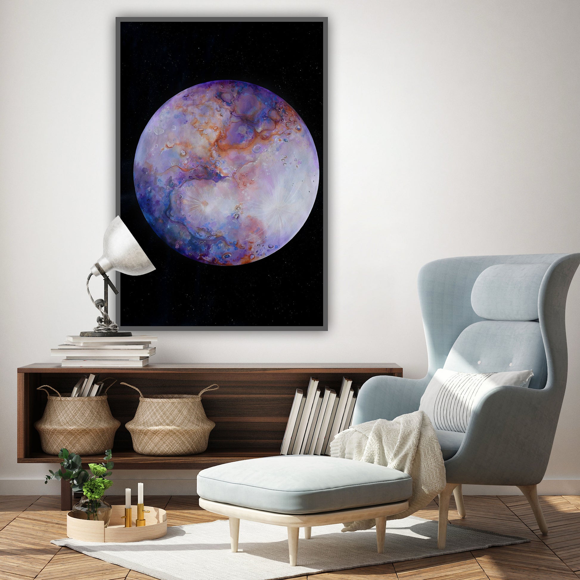 Pictură digitală abstractă în nuanțe de violet și roz pal, simbolizând o lume fără limite.