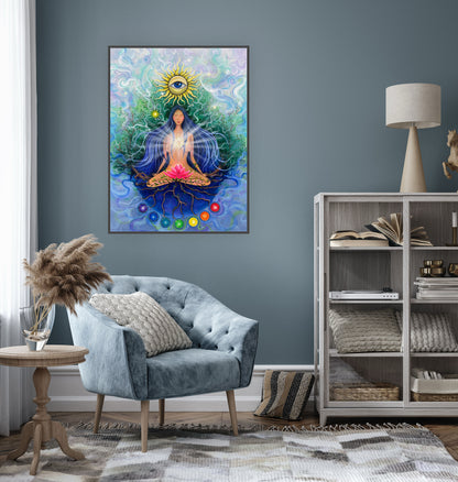 tablou spiritual cu femeie meditând și radiații de lumină