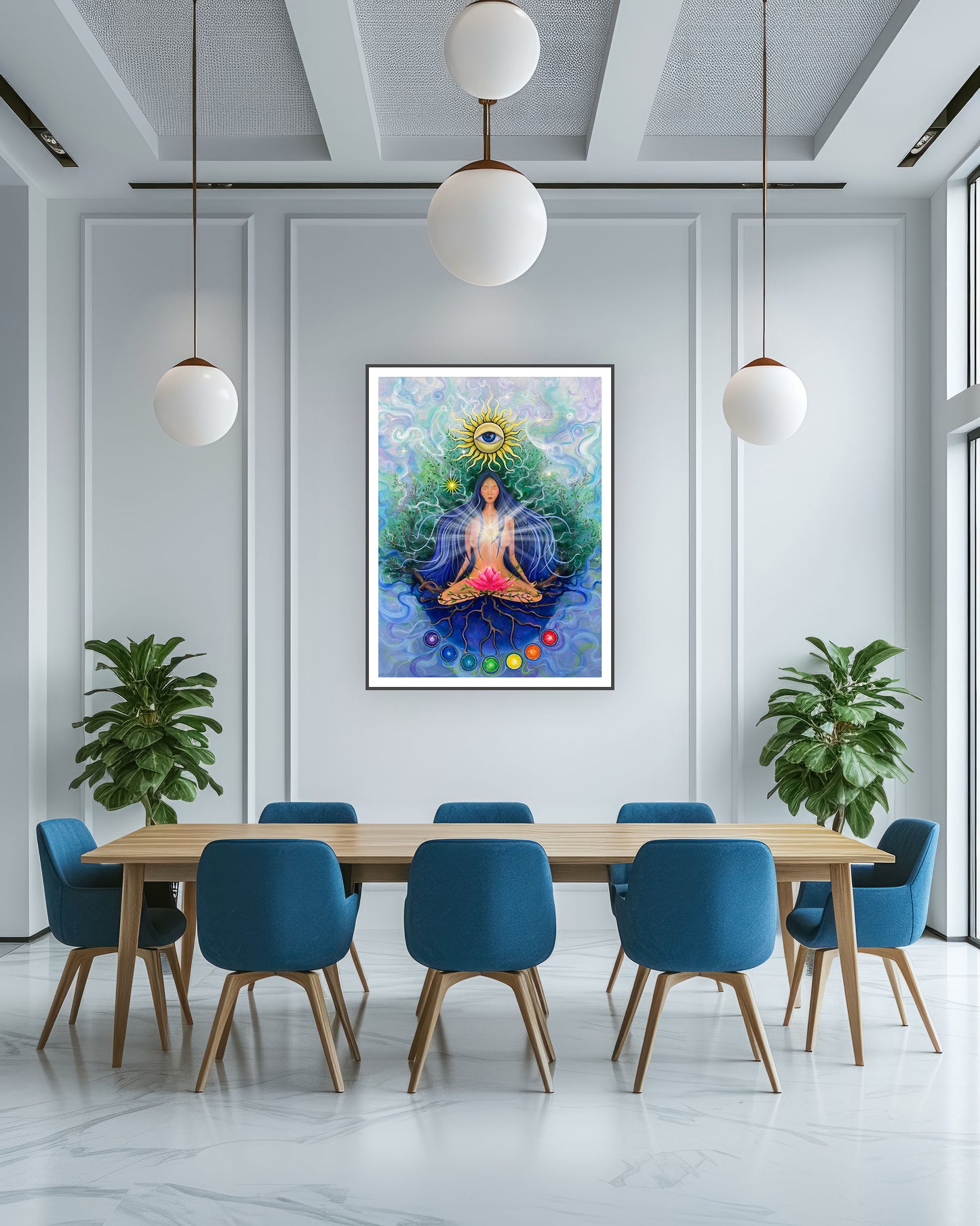 artă spirituală cu soare radiant și ochiul atotvăzător