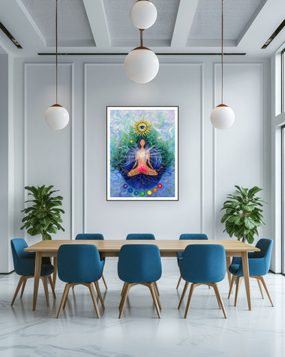 artă spirituală cu soare radiant și ochiul atotvăzător