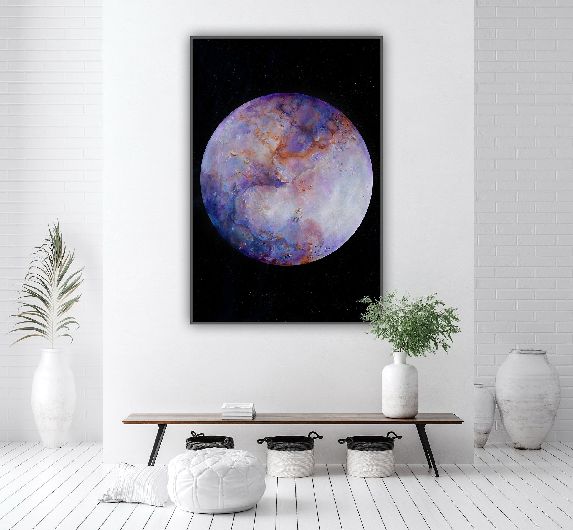 Decor de perete modern cu tonuri reci și textură cosmică, ideal pentru spații minimaliste.