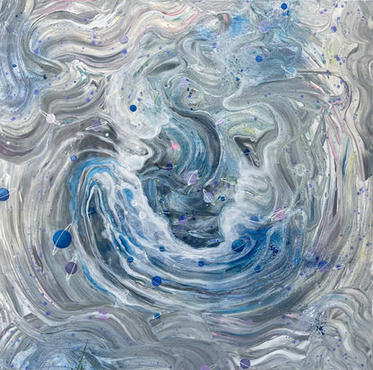ablou modern abstract în acrylic pouring pe pânză, culori albastre și gri, ideal pentru living.