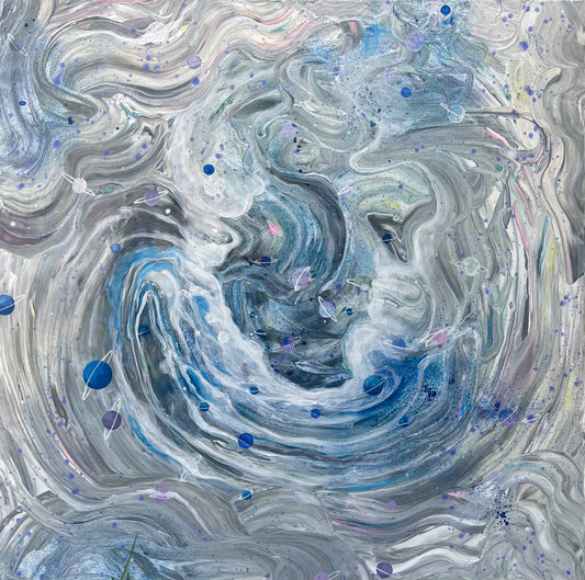 ablou modern abstract în acrylic pouring pe pânză, culori albastre și gri, ideal pentru living.