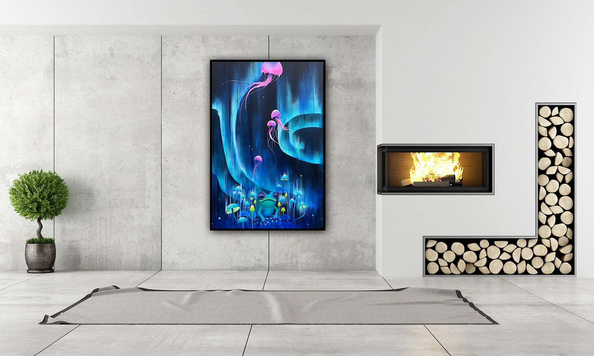 Lucrare de artă contemporană Aurora din adâncuri, tablou pictat pe pânză, scenă fantastică abstractă cu vibrații magice și culori vibrante, potrivită pentru birouri creative și camere moderne.