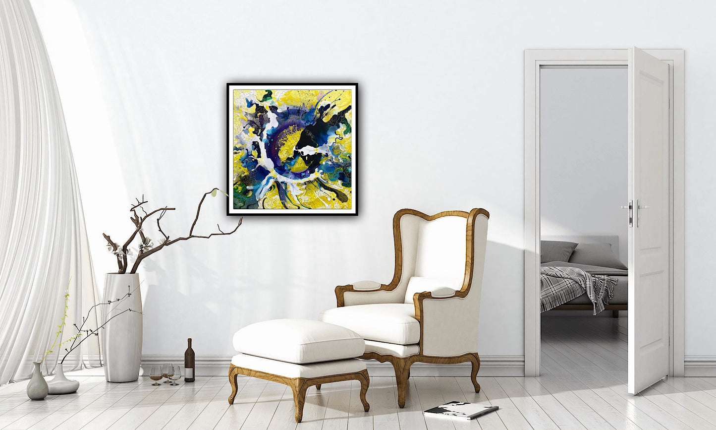 Tablou print „Vibratie galbena” – decor abstract cu forme organice si culori vibrante
