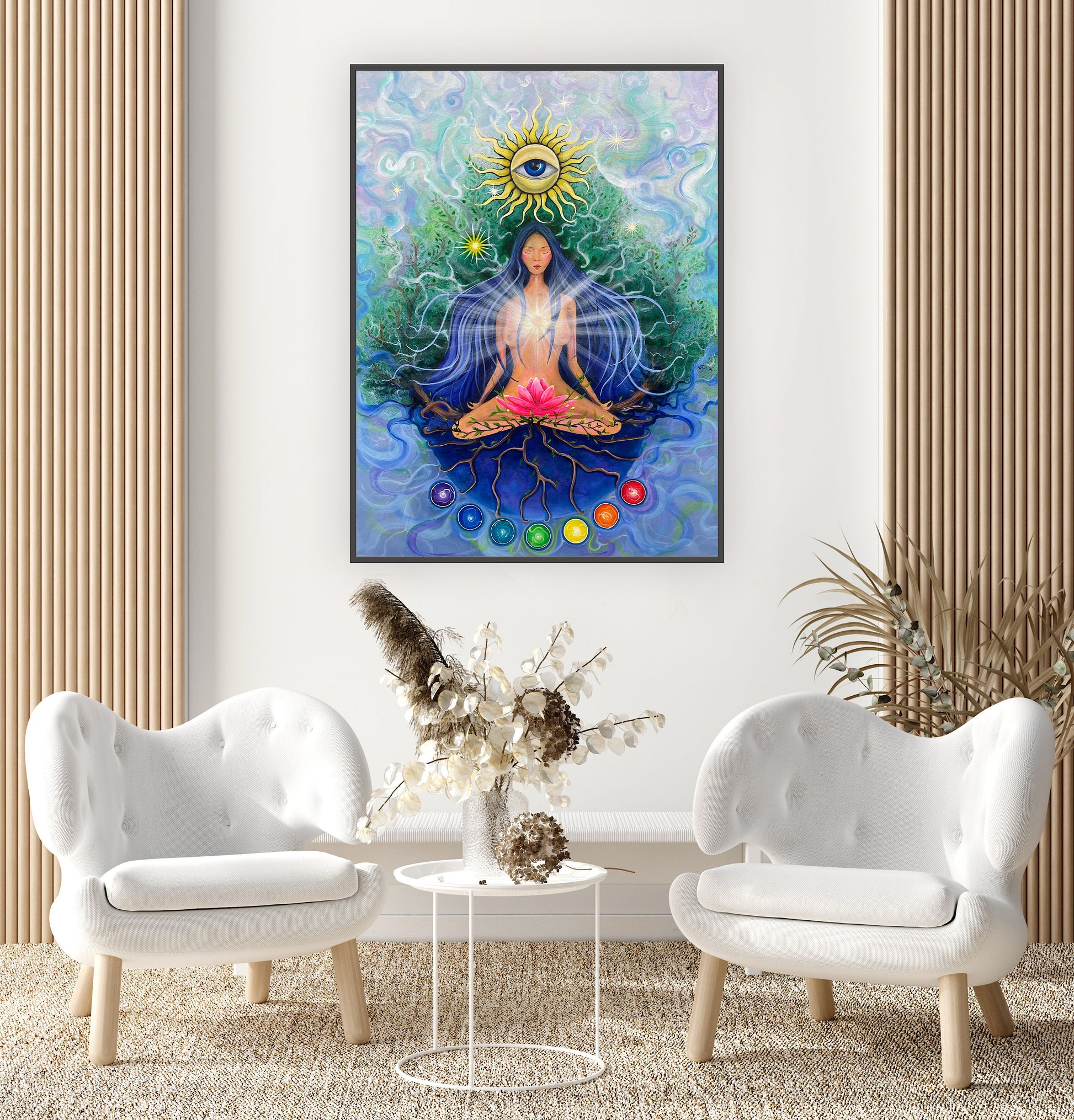 artă spirituală cu chakre, lotus și simbolul ochiului interior