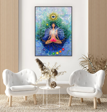 artă spirituală cu chakre, lotus și simbolul ochiului interior