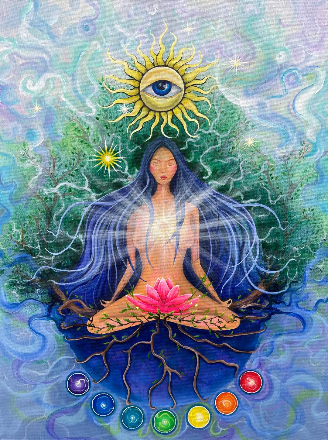 pictură artistică cu femeie în poziția lotus, lotus roz și lumină interioară