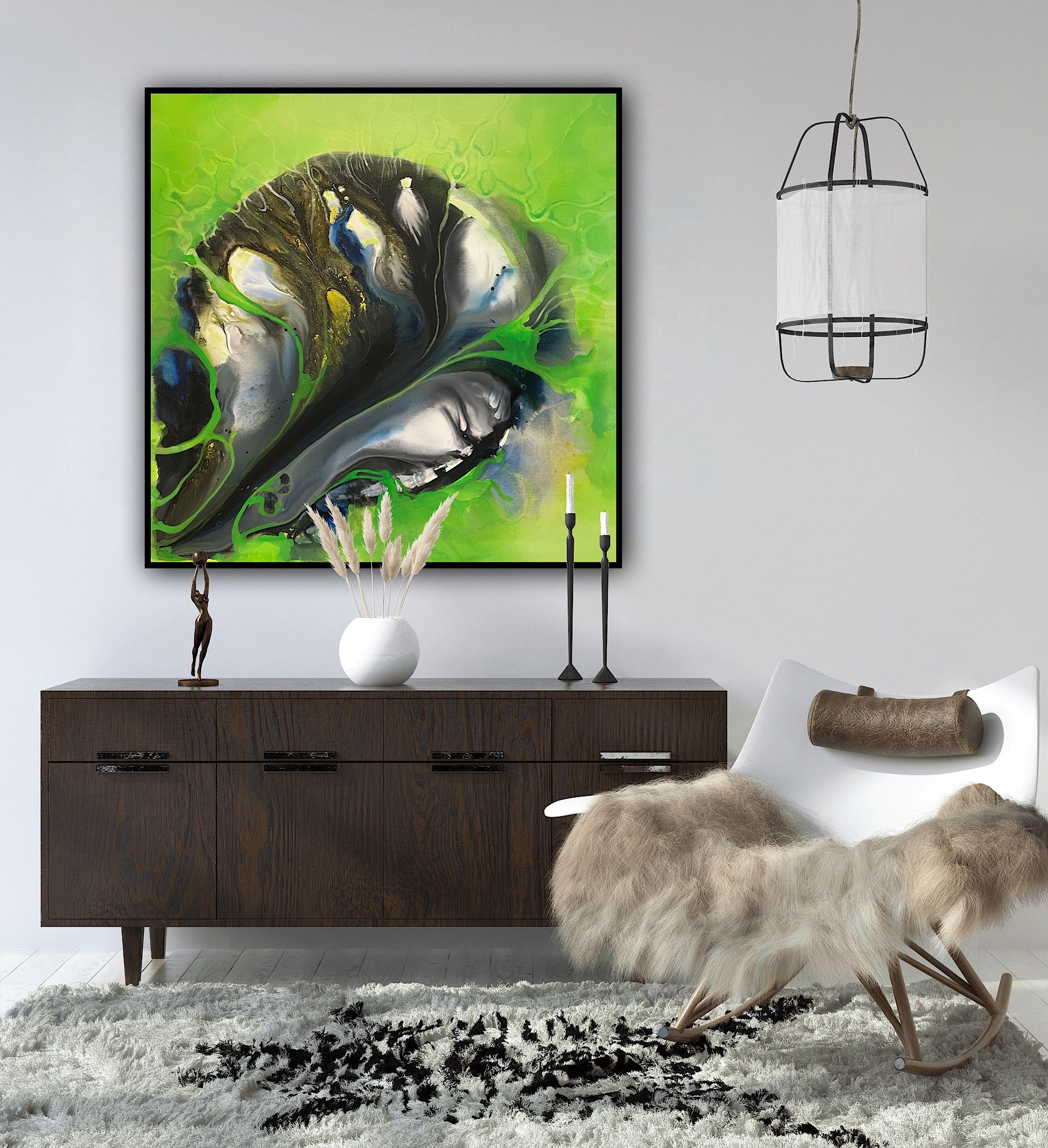 Tablou abstract Forma unui gând, pictat pe pânză cu verde intens, negru și reflexe metalice aurii.