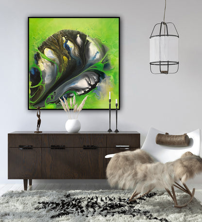 Tablou abstract Forma unui gând, pictat pe pânză cu verde intens, negru și reflexe metalice aurii.