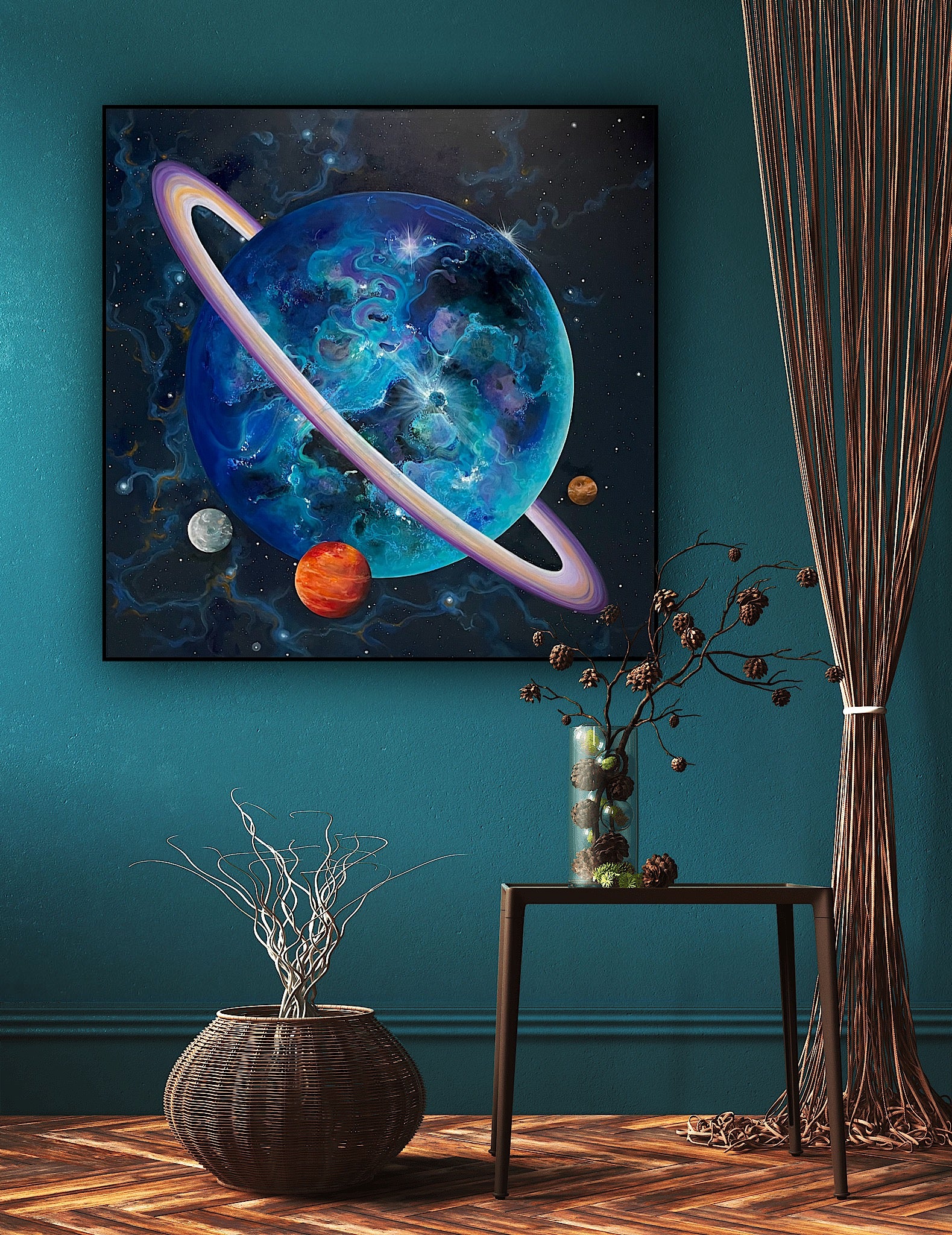 Lucrare de artă unică În spațiu, pictură pe pânză în nuanțe intense de albastru și violet, ideală pentru decor modern.