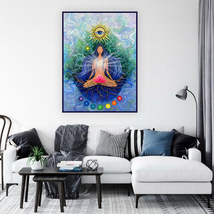 pictură spirituală cu femeie în lotus și soare radiant cu ochiul interior