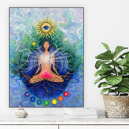 femeie meditând, rădăcini și ramuri ce simbolizează arborele vieții