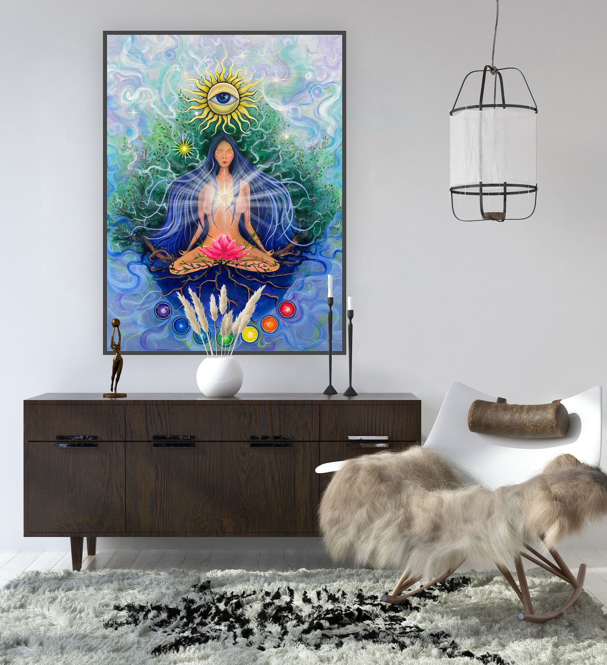 artă cu femeie în poziție lotus, lotus roz și chakre colorate