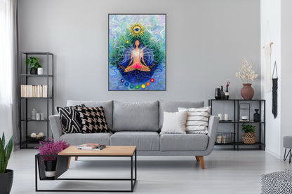 femeie meditând în poziția lotus, înconjurată de simboluri spirituale