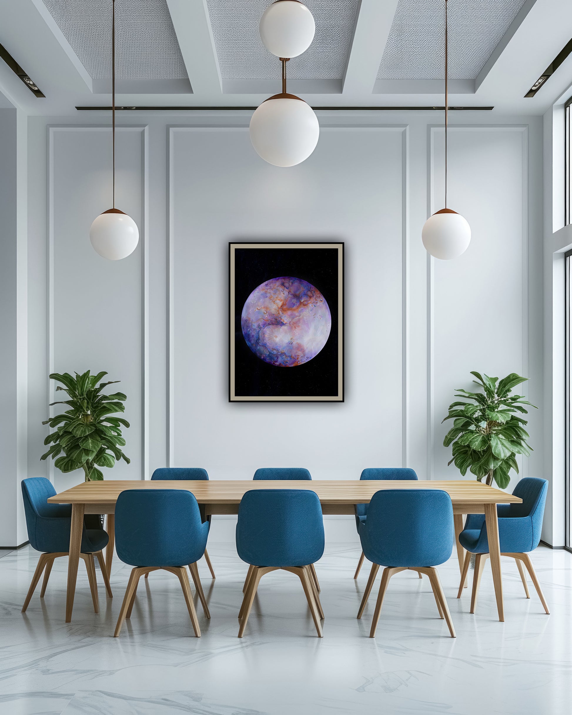 Artă contemporană cu tematică spațială, print de calitate pe hârtie, în nuanțe de violet, albastru și cupru